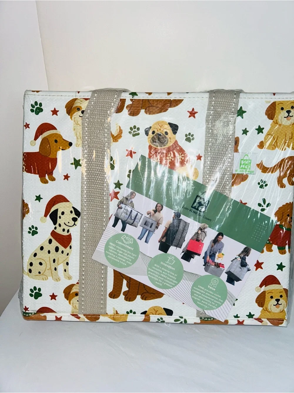 Reusable Dog-Print Utility Tote Bag - White with Tan Handles